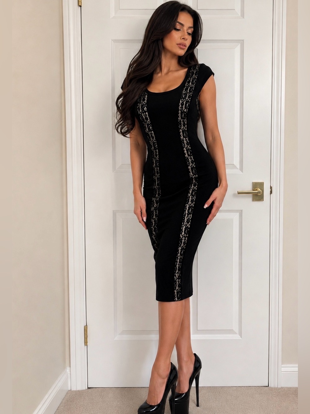 Cache Black Midi Dress with Lace Accents